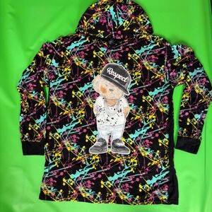 Vibes Hoodie Mens XL Black Paint Splatter Respect Hustle Bear Graphic Streetwear